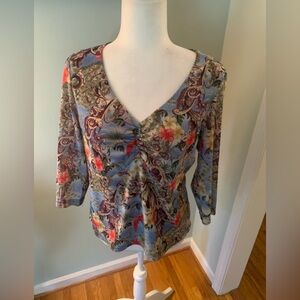 Tribal Multicolor Floral V-Neck Blouse, size XL